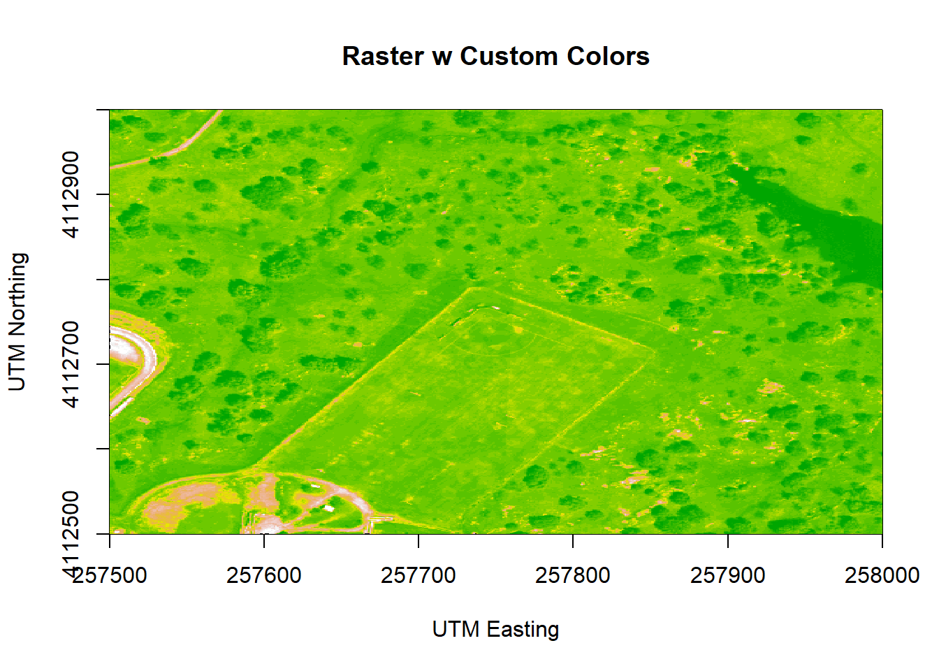 Plot of the properly oriented raster image of B9 with custom colors. We can adjust the colors of the image by adjusting the z limits, which in this case makes the highly reflective surfaces more vibrant. This color adjustment is more apparent in the bottom left of the image, where the parking lot, buildings and bare surfaces are located. X-axis represents the UTM Easting values, and the Y-axis represents the Northing values.