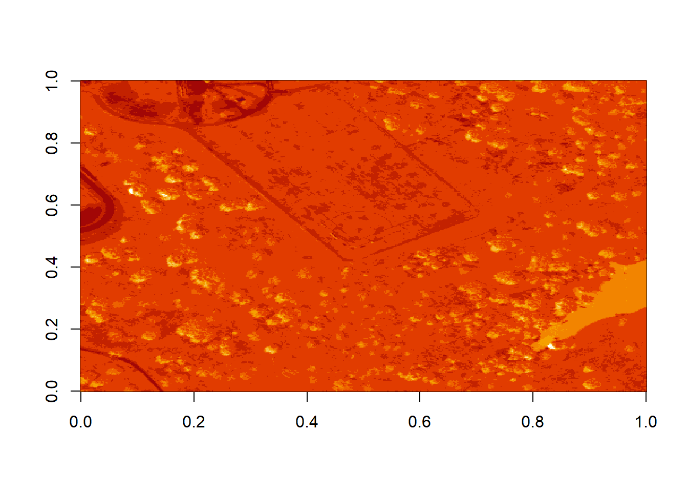 Plot of log transformed reflectance values for the previous b9 image. Applying the log to the image increases the contrast making it look more like an image by factoring out those larger values. While an improvement, the image is still far from great. The proper way to adjust an image is by doing whats called an image stretch.