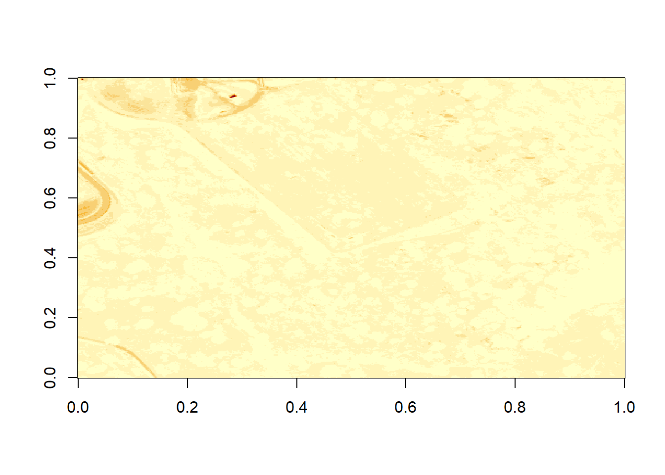 Plot of reflectance values for band 9 data with values equal to -9999 set to NA. Image data in raster format will often contain no data values, which may be attributed to the sensor not collecting data in that area of the image or to processing results which yield null values. Reflectance datasets designate -9999 as data ignore values. As such, we will reassign -9999 values to NA so R won't try to render these pixels.